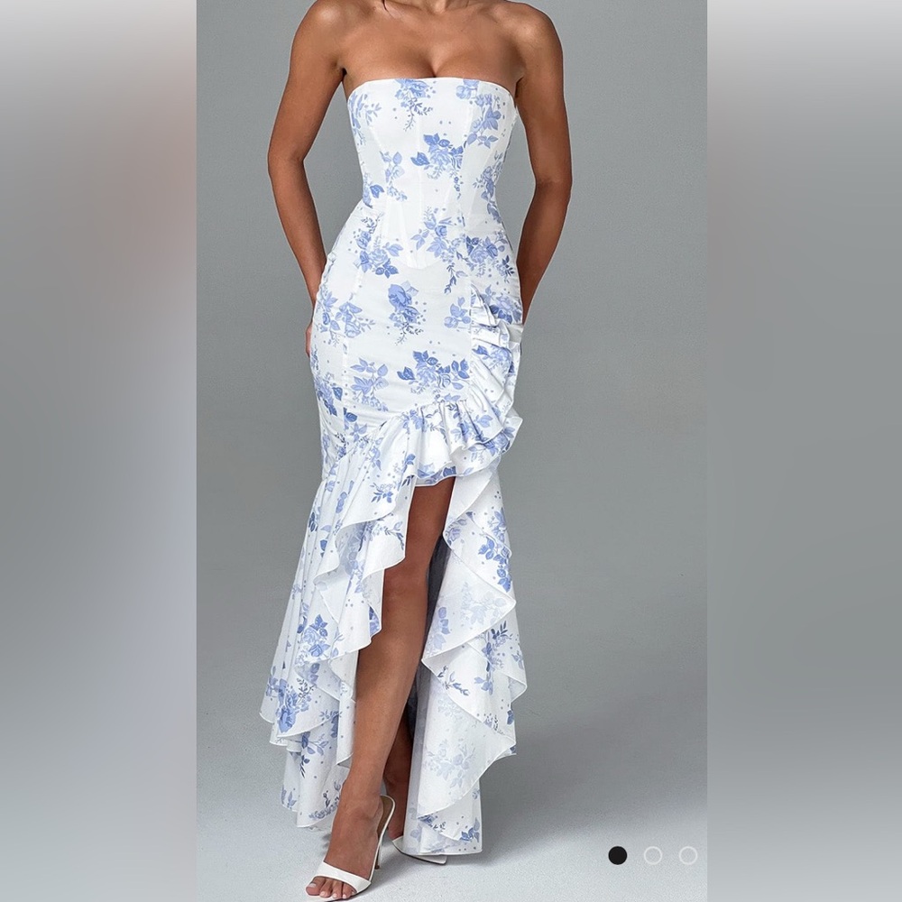 Babyboo Blue and White Asymmetrical Ruffled Strapless Dress